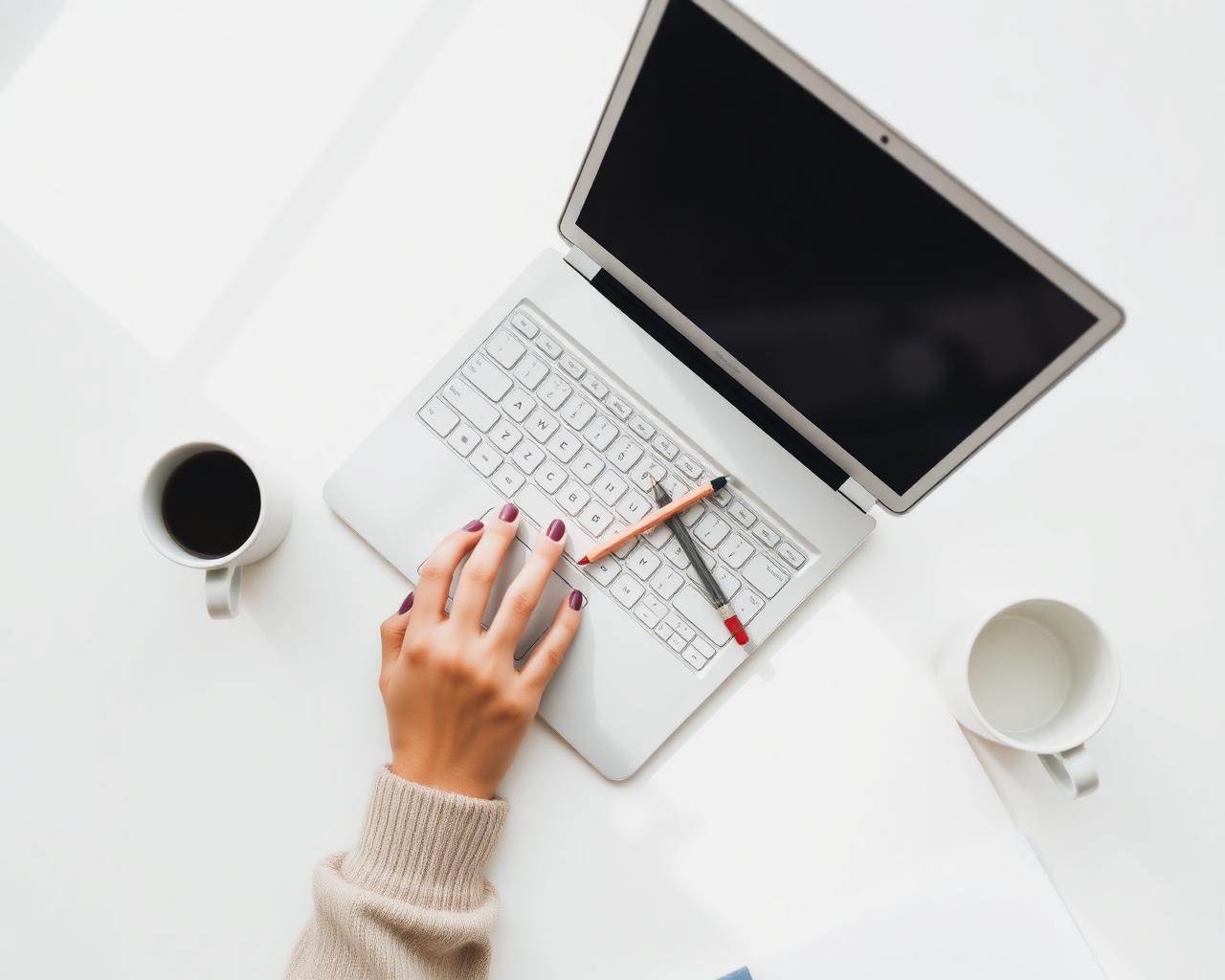 Bookkeeper working at a clean white desk with laptop and coffee